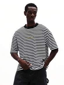 SUMWON Oversized Crew Neck Short Sleeve Striped T-Shirt With Gold Script Embroidery Chest Print Casual Jersey Summer Top - Black and White - View 1