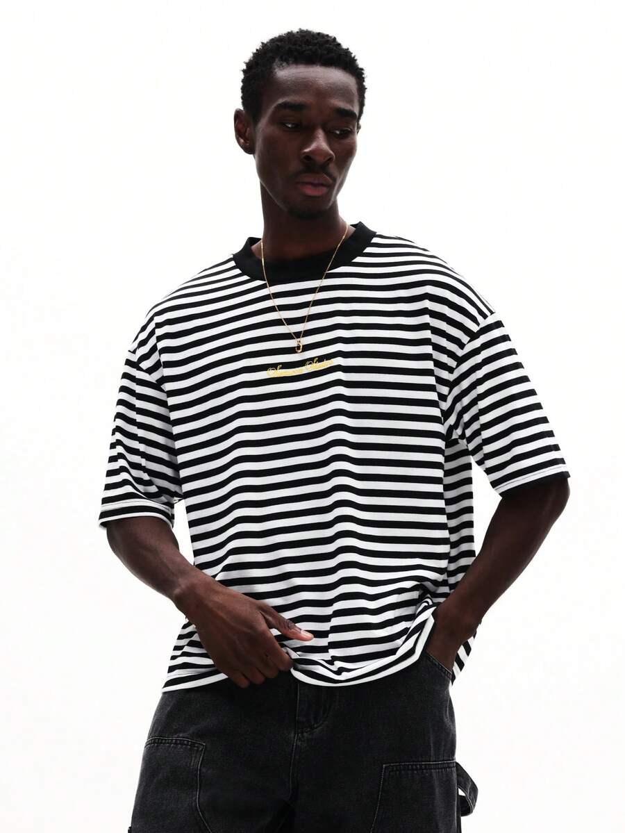 SUMWON Oversized Crew Neck Short Sleeve Striped T-Shirt With Gold Script Embroidery Chest Print Casual Jersey Summer Top - Black and White - View 1