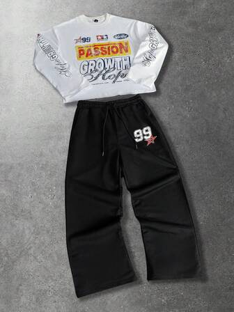 Conjunto de top de manga larga con cuello redondo estampado y pantalón de chándal para hombre