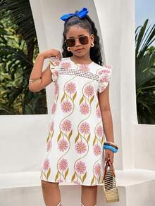 少女休闲碎花拼接荷叶边宽松度假连衣裙，母女装 - 彩色 - 查看 4