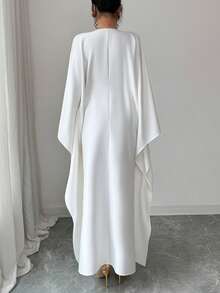 SHEIN Elenzya 金色滚边装饰优雅收腰修身中长连衣裙 - 白色 - 查看 2