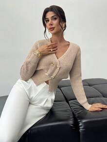Firerie Casual Women Grey V Neck Rib-Knit Pullover Loose Sweater With Long Drop Shoulder Sleeves - Grey - View 3