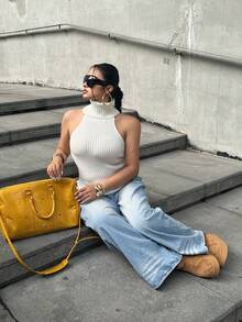 POPSWAY Blusa de cuello alto sin mangas de punto de unicolor, adecuada para primavera, verano y otoño, talla grande - Blanco - Ver 3