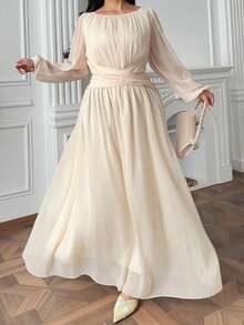 Vibekara Đầm dài đến mắt cá chân dáng chữ A, cạp cao, xếp ly, chất liệu chiffon Pháp thanh lịch, màu mơ, cỡ lớn. - Màu be - Xem 6