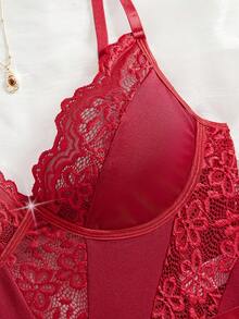 SHEIN 2件套蕾丝拼接性感女式连体衣（无钢圈/吊袜带），外出 - 酒紅色 - 查看 6