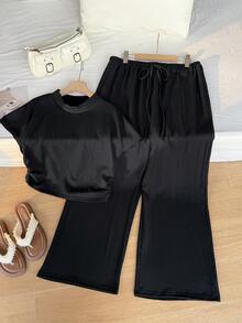 SHEIN EZwear Plus Size Textured Knit T-Shirt And Long Pants, Casual Pleated Drawstring Two-Piece Set 2 Pieces Sets Woman - Black - View 5