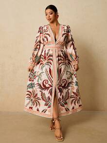 Travachic 大码女式印花连衣裙，V领长袖长裙，蓝棕色 - 彩色 - 查看 4