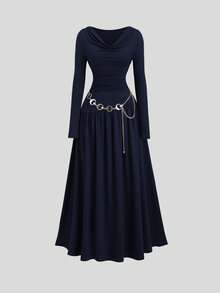 Sweetra Women's Autumn/Winter Coffee Color Plunging Necklace Decor Long Sleeve Simple Elegant Dress - Navy Blue - View 3