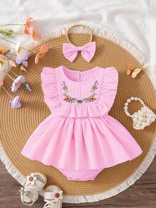 SHEIN Playful Pals 优雅的夏季女婴连体衣，适合派对和日常穿着 - 粉色 - 查看 2