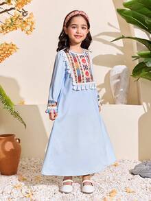 Arabic Style Young Girl Light Blue Dress,Comfortable Loose Fit Tassel Trim Casual Gown For Festivals & Family Matching,Cerise Pink,Autumn Essentials - Baby Blue - View 7