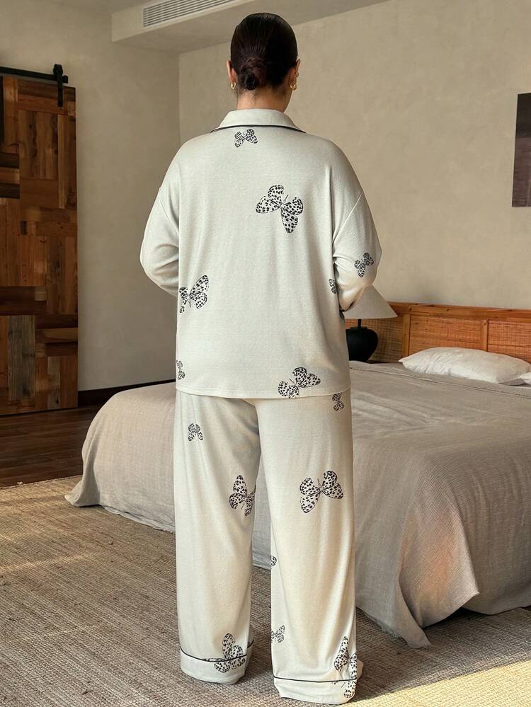 Dazy Plus Plus Size Women Floral Print Bow Tie Loose Cardigan Top And Straight Pants Pajama Set, Fashionable Loungewear For Spring And Autumn