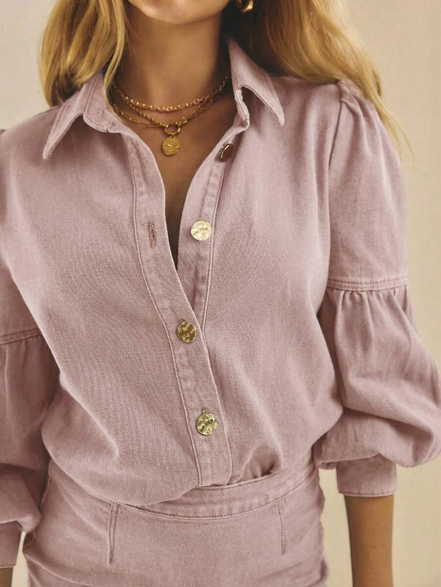Aralina Women's Solid Color Regular-Shoulder Long Sleeve Front Button Denim Blouse - Dusty Pink - View 1