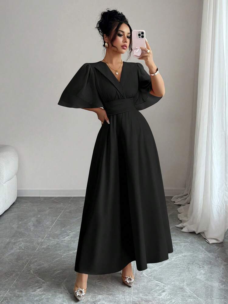 Elenzga New Women's Collared Waist Pleated Chiffon Patchwork Ruffle Sleeve Design Casual Vacation Everyday Versatile Elegant Dress - Black - View 7