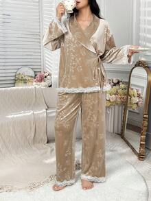 Dazy Plus Velvet Floral & Bamboo Print Contrast Lace Elegant Loose Top And Pants Pajama Set, Spring/Autumn - Khaki - View 5