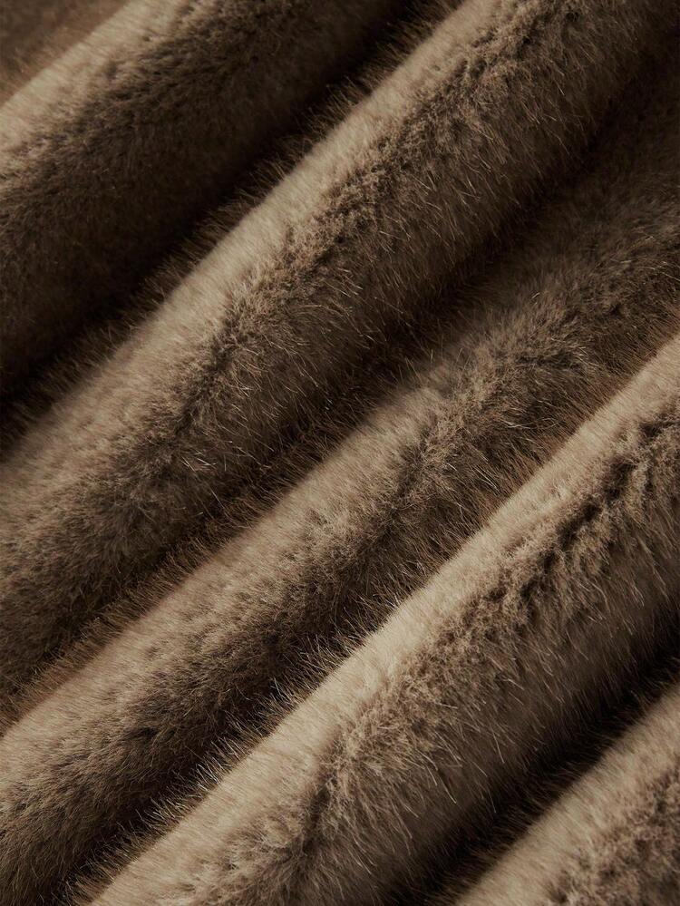 BROWN FAUX FUR LONG COAT WITH STAND COLLAR