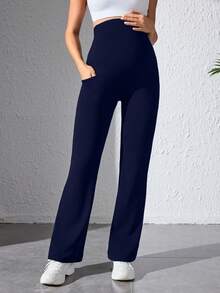 SHEIN 多功能收腹塑形孕妇瑜伽裤，藏蓝色，弹性腰带，可调节抽绳，侧边口袋 - 藏蓝色 - 查看 5