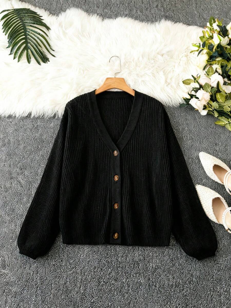 Omancia White Lantern Sleeve Button Front Ribbed Loose Knit Cardigan, Spring/Summer