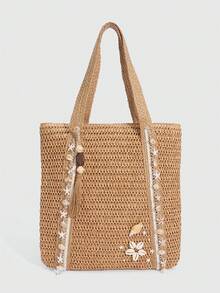 ROMWE Fairycore 1件装度假主题贝壳、海贝、珊瑚、珍珠装饰女士手提包，大容量花卉草编沙滩包，适合春夏使用 - 卡其色 - 查看 1