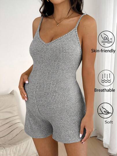 SHEIN 可调节肩带纯色孕妇罗纹休闲连体衣