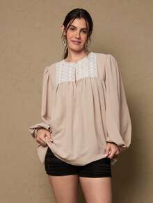 SHEIN VCAY Plus Size Women's Contrast Lace Lantern Sleeve Pleated Fashion Blouse Boho Valentines Lace - Khaki - View 4
