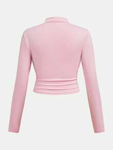 SHEIN Bộ đồ đôi cơ bản, tối giản, thoải mái dành cho bé gái tuổi teen, chất liệu nỉ co giãn cao cấp, gồm áo cổ đứng bất đối xứng nhún bèo ôm sát và quần ống rộng thoải mái, thích hợp cho mùa tựu trường và đi chơi hàng ngày, mùa thu/đông. - Hồng - Xem 3