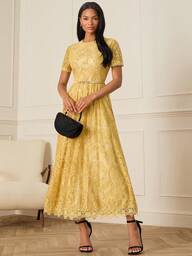 Lilora Women's Elegant Party Solid Color Lace Dress Yellow Maxi Dress Women Yellow Wedding Guest Dress