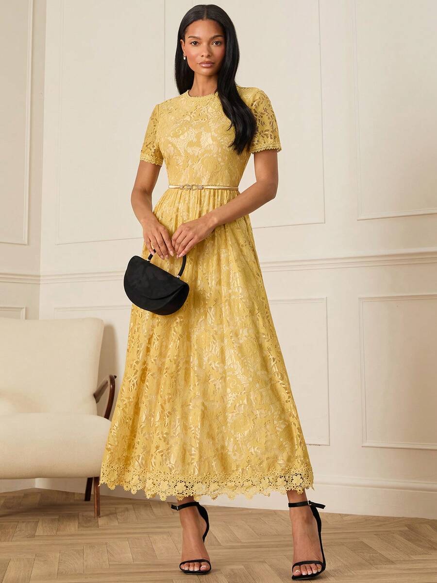 Lilora Đầm ren màu trơn thanh lịch dành cho nữ dự tiệc - Màu vàng - Xem 1