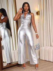 Xyvia New Sleeveless Halter Neck Tie-Up Metallic Print Elegant Black Slim Fit Top And Pants Women 2-Piece Set - Silver - View 6