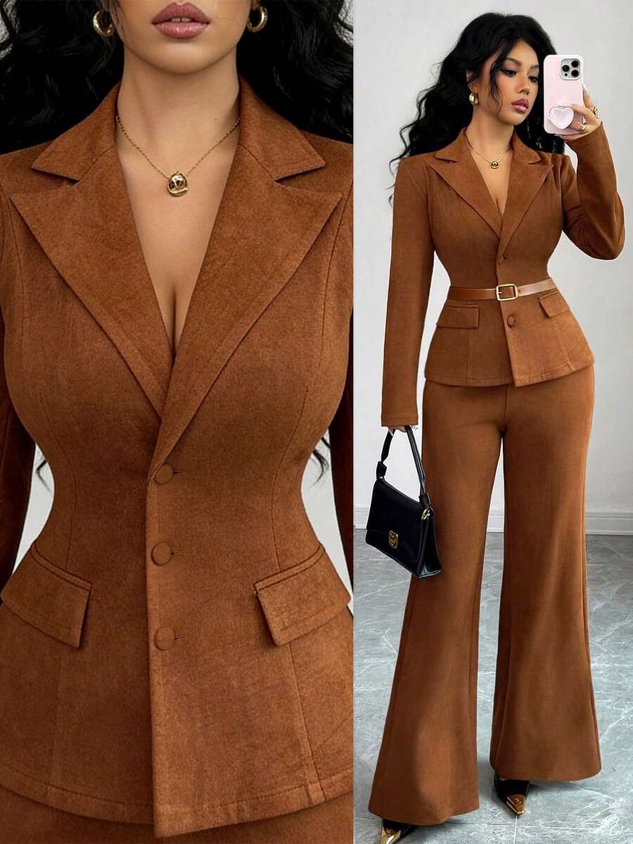 SHEIN Elenzya New Women's Suede Fabric Long Sleeve Fitted Blazer Style Paired With Elastic Waist Flared Leg Pants, Young & Elegant Office/Casual 2 Pieces Set - Brown - View 1