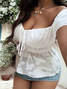 Sunnyshic Áo kiểu nữ cỡ lớn, màu trơn, kiểu dáng thường ngày, có phần khoét trước, thắt nơ, tay bồng. - trắng - Xem 6