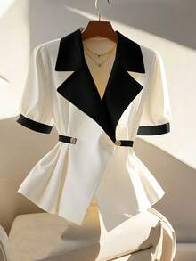 Lyxana Women's Black And White Color Block Short Sleeve Blouse,Elegant Summer Office Commute Lapel Collar Outerwear,Tie Cinched Waist Gold Decor Buttons - Black and White - View 1