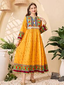 SHEIN 少女黄色印花长袍，卡夫坦式长袖长袍，适合度假和外出，春夏款 - 黃色 - 查看 7