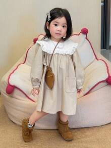 DAZY 女童/幼儿彼得潘领蕾丝拼接长袖连衣裙，日式风格 - 卡其色 - 查看 4