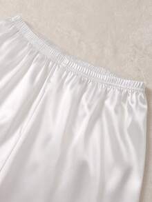 Tween Girls White Satain Pajamas-2 Piece Pajama Set Spring To Summer Pink Piping Bow Accent Button Front Notched Collar Round Neck Short Sleeve Also Long Sleeve Options Matching Long Pants And Dress Sleepwear Loungewear Seasonal All Season Holiday 2026 Must Have Gift - White - View 5