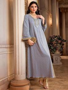 Al Najma Women's Elegant V-Neck Long Sleeve Foil Polka Dot Arabic Style Dress - Blue - View 1