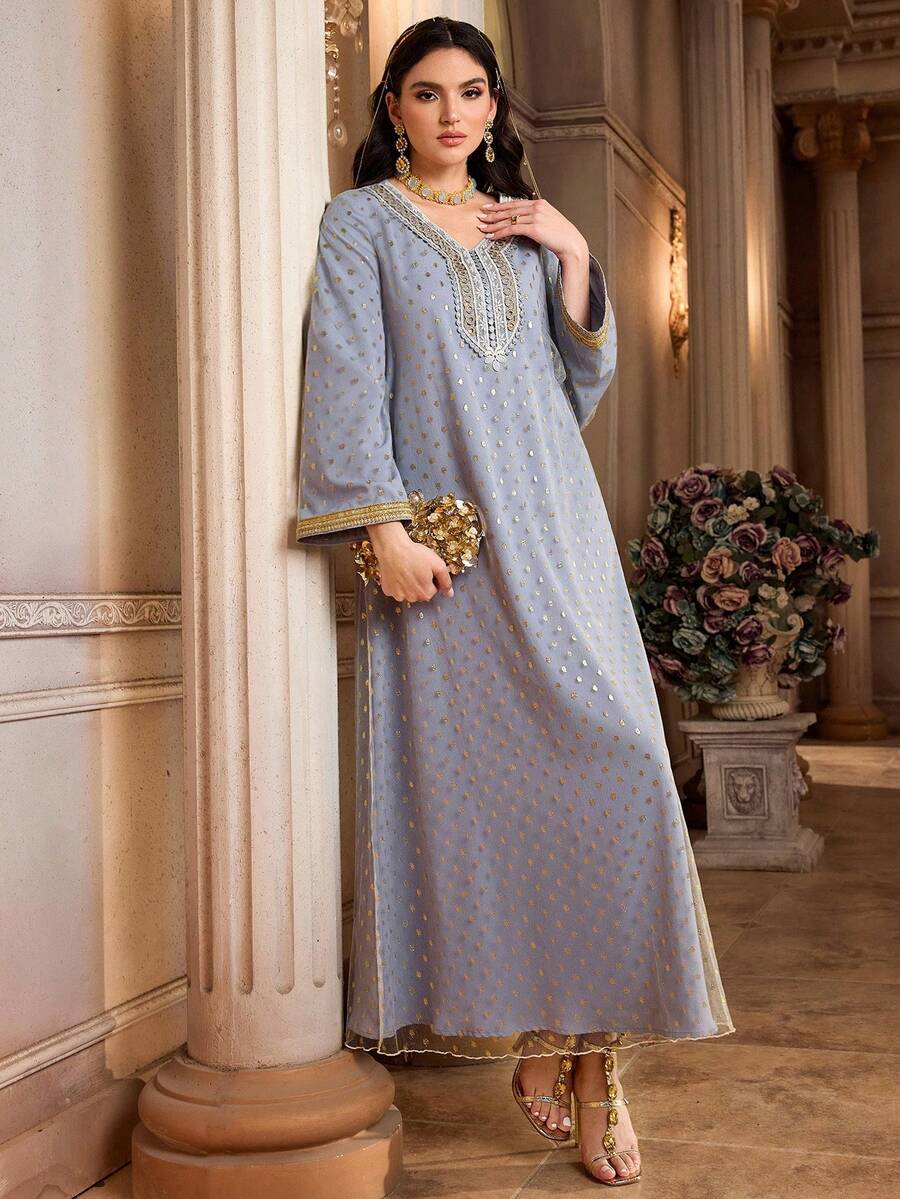 Al Najma Women's Elegant V-Neck Long Sleeve Foil Polka Dot Arabic Style Dress - Blue - View 1