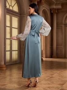 Al Najma Women's Floral Patchwork Mesh Lantern Sleeve V-Neck Elegant Arabic Dress - Multicolor - View 2
