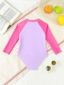 SHEIN Toddler Girl Island & Palm Tree Print Long Sleeve Zipper One-Piece Swimsuit, Cute Ruffle Raglan Sleeve Sun Protection Swimwear - Hot Pink - View 2