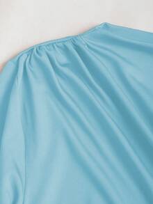 SHEIN PETITE Váy cổ cao tay dài màu đỏ nhún eo cổ điển dành cho nữ, Thu/Đông - Màu xanh nhạt - Xem 4