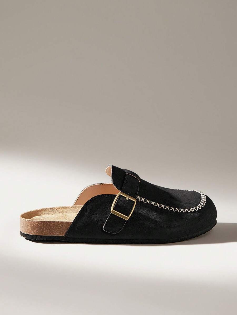 Solecia Novos Sapatos Femininos Planos de Enfiar, Chinelos Semi-Fechados com Detalhes de Costura, Feitos de Material PU com Textura de Camurça, Confortáveis e Versáteis, Adequados para Sair, Ir ao Trabalho e Fazer Compras. - Preto - Visão 1