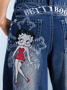 Betty Boop | ROMWE 哥特十字架和藤蔓玫瑰图案刺绣做旧水洗超大直筒加长Y2K牛仔裤 - 深色水洗藍 - 查看 2