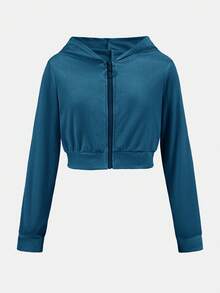 SHEIN Tween Girl Velvet Hoodie & Sweatpants Set, Casual Sportswear - Teal Blue - View 7