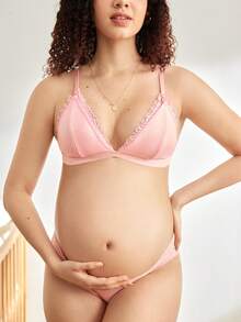 BloomMama 1pc Pregnant Women's Contrast Lace Comfortable Nursing Bra - Pink - View 3