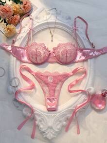 Crystal Vow 2pcs Women's Burgundy Romantic Embroidery Lace-Up Thong Lingerie Set - Pink - View 3