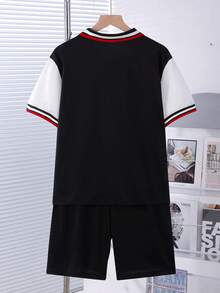 Vacaura 2件套青少年男童休闲撞色Polo衫套装，适合日常通勤、休闲、上学及各种场合。