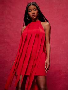 NYA SZN Dress Sleeveless Halter Neck Fringe Curly Detail Loose Fitted Bodycon Red Occasion Mini Length Outfits For Women - Burgundy - View 4