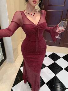 DAZY Spring/Summer Elegant Slim Fit Commuter Midi Dress With Sheer Mesh Ruffle Trim & Bell Sleeves, Suitable For Wedding, Valentine's Day - Burgundy - View 7