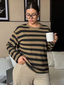 Dazy Plus 2pcs/Set Casual Striped Loose Fit Crew Neck Long Sleeve Top And Straight Leg Pants Pajama Set, Plus Size Women, Spring/Autumn - Green - View 6