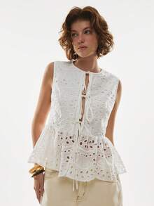 Poéselle Women's Hollow Embroidery Front Tie Ruffle Hem Fashionable Camisole,White Eyelet Embroidered Lace-Up Tank - Sleeveless Cotton Summer Top With Scalloped Hem,Summer Boho Blouses,French Style Blouses - White - View 4