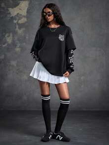 SHEIN How to Train Your Dragon Women's Star & Cartoon Pattern Crew Neck Long Sleeve Sweatshirt - Black - View 1